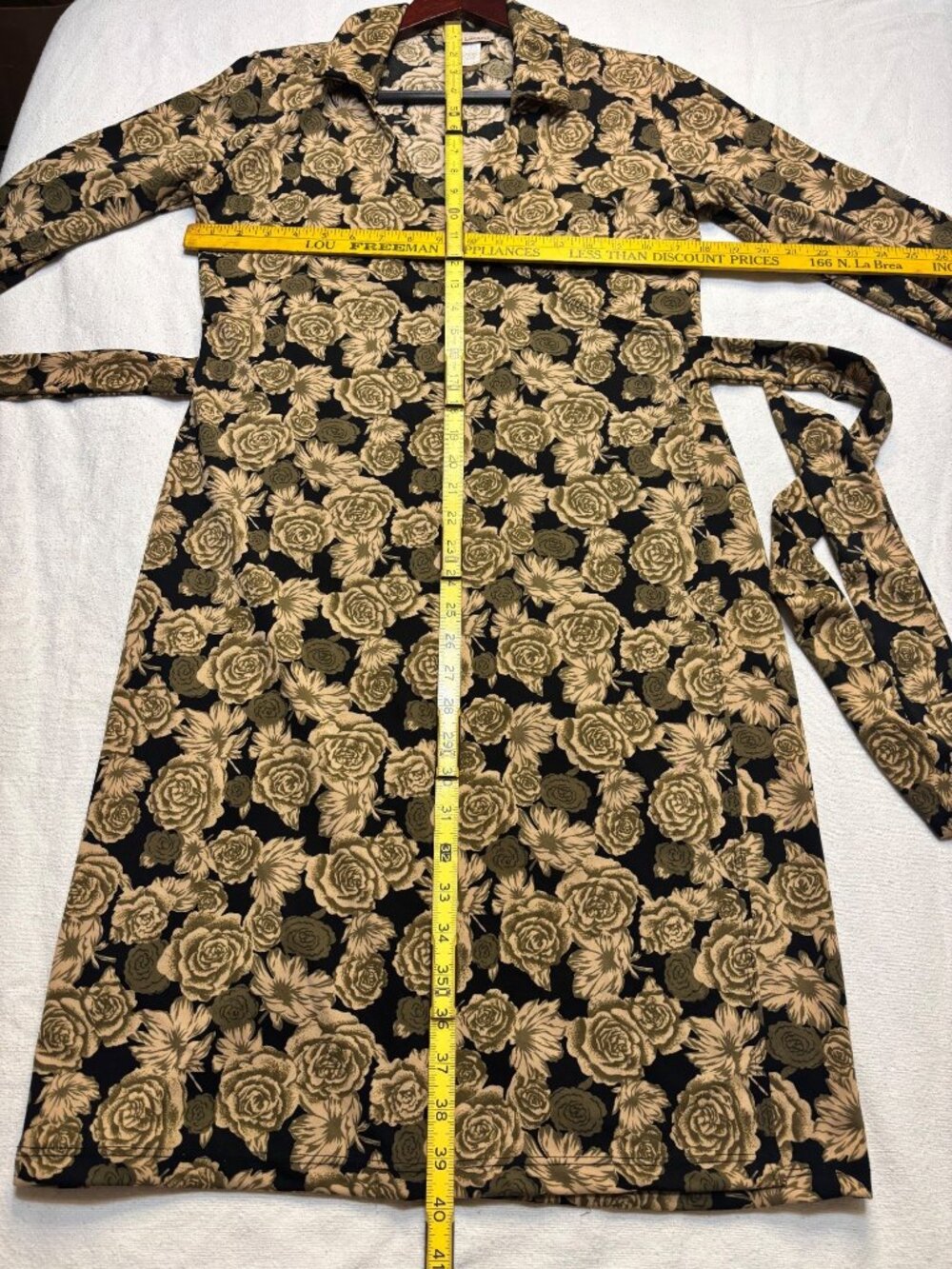 Susan Lawrence Black & Gold Floral Wrap Dress Long Sleeve Made In USA Size M - Picture 10 of 16